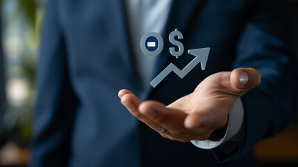 Interest rate and dividend, Businessman hold up arrow icon and percentage with graph indicators for investment growth. business financial investment, business growth, income, marketing and profit.