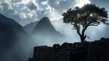 Machu Picchu Majesty: Ancient Inca Citadel amidst Andean Peaks and Towering Forests - obrazy, fototapety, plakaty
