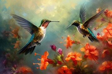 Fototapeta premium Hummingbirds hovering over brightly colored flowers, Hummingbird hovering near a brightly colored flower, Ai generated