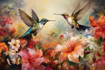Fototapeta premium Hummingbirds hovering over brightly colored flowers. A group of hummingbirds sipping nectar from brightly colored flowers, Ai generated