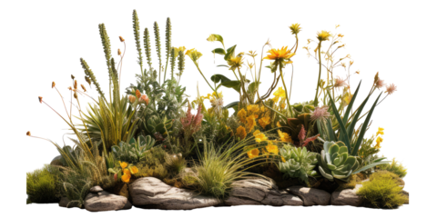 rock garden, water, grass, yellow flowers isolated on transparent background