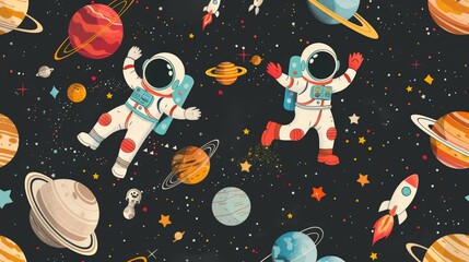 wallpaper of space adventure with adorable astronauts rockets and planets, Cute galaxy