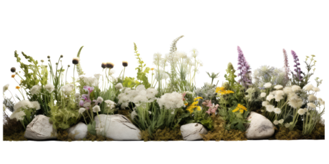 rock garden, water, grass, yellow flowers isolated on transparent background
