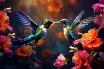 Hummingbirds hovering over brightly colored flowers. A group of hummingbirds sipping nectar from brightly colored flowers, Ai generated - obrazy, fototapety, plakaty
