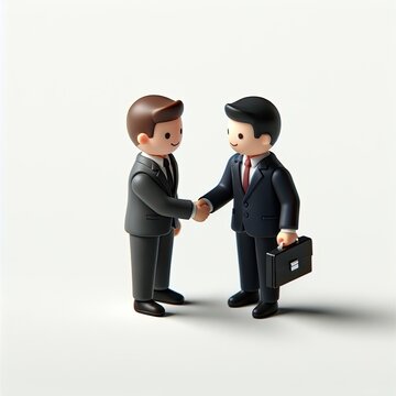 3D illustration of business handshake. Cute cartoon smiling man with laptop and bearded businessman with briefcase standing and shaking hands. Successful agreement, deal concept.
