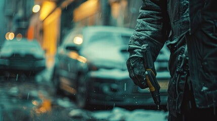 A man in black holds a screwdriver to break locks and steal cars on the street. Social destruction, insurance, car theft concept. - obrazy, fototapety, plakaty