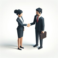 3D illustration of business handshake. Cute cartoon smiling man with laptop and bearded businessman with briefcase standing and shaking hands. Successful agreement, deal concept.