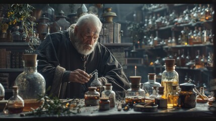 An Old Apothecary Experiments with Chemistry in his Laboratory and Makes a New Medicine. - obrazy, fototapety, plakaty