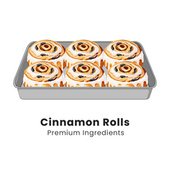 Hand drawn vector illustration of cinnamon rolls with sugar icing on tray