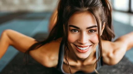 Foto op Canvas A cheerful and fit woman exudes vitality in a gym, symbolizing wellness and a commitment to a healthy lifestyle. The presence of a personal trainer underscores support and guidance. © Evgeniia