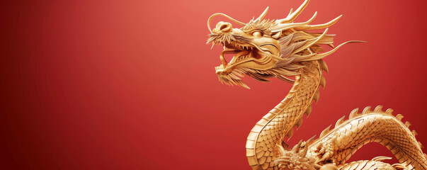 Obraz premium A majestic golden dragon, intricately detailed, commands attention against a vibrant red background, offering ample copy space for captivating designs or messages.