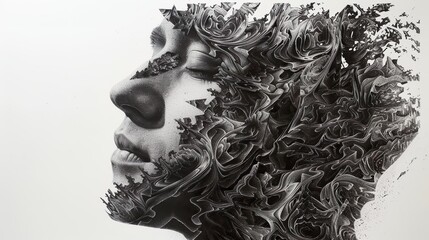 pencil drawing of a face transitioning into patterns