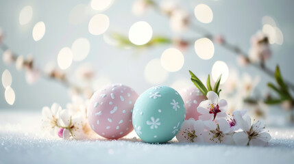 Fototapeta premium Decorated Easter eggs adorned with delicate spring cherry branches and flowers, symbolizing the beauty and renewal of the spring season.