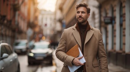 Obraz premium A young businessman holds a document bag and goes to his car with confidence.