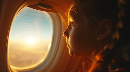 Fotobehang Donkerrood A young girl sits by the window of an airplane, her face lit up with awe and wonder as she gazes outside, marveling at the panoramic view of the clouds and landscape below.