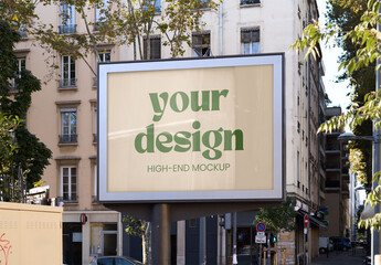 Mockup of customizable horizontal poster in city