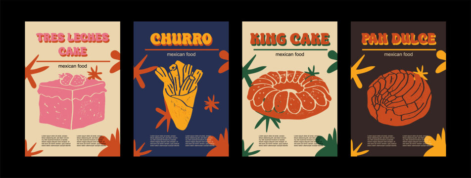 Mexican food set vector illustration. Engraved tres leches cake, king cake, churro, pan dulce bundle of traditional dishes, homemade and restaurant dinner dish and sauces cooking in cuisine of Mexico