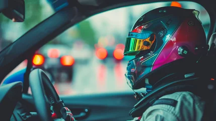Fototapete Rund A racer, donning a helmet, skillfully navigates a racing car around the track, showcasing precision and expertise. © Evgeniia