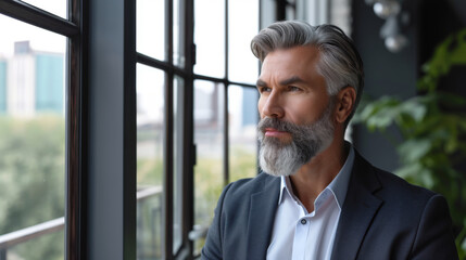 A seasoned businessman with a gray beard peers through the window, his contemplative gaze fixed on...