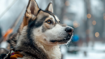 A majestic husky stands against a serene winter backdrop, its thick fur contrasting with the snowy landscape.