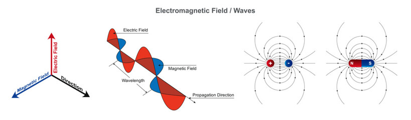 Scientific educational vector format depicting electromagnetic fields and an electromagnetic wave diagram. - obrazy, fototapety, plakaty