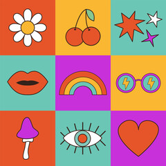 Funny cartoon daisy flower, rainbow, sunglasses, mushroom, heart, star, cherry, lips, eye icon. Groovy retro set in 60s, 70s hippie style. Poster, card. Trendy psychedelic. Yellow background.