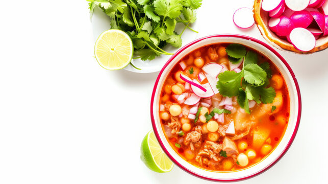 Pozole, vibrant red broth with hominy and pork, garnished with lettuce and radish, top-down view isolated on white background, served with tortilla chips and fresh vegetables. Authentic Mexican cuisin