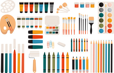 set of paints, pencils, brushes, markers, on a white background vector