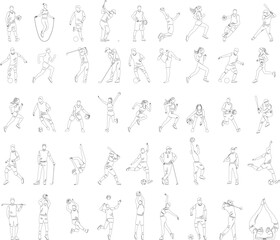 set of athletes, football players, basketball players, runners, golfers sketch, on a white background vector