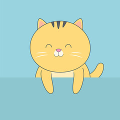 Cat kitten kitty orange silhouette holding empty paper. Paw print. Cute kawaii cartoon character. Happy Valentines Day. Baby greeting card, tshirt, notebook cover. Blue background. Flat design