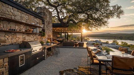 An outdoor kitchen with a grill and pizza oven is set up near a luxury safari tent high on a hilltop overlooking Possum Kingdom Lake in the late afternoon.