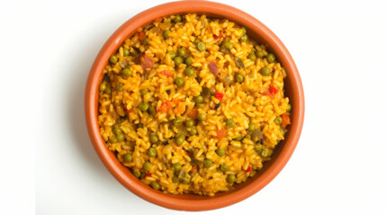 Arroz con Gandules, Puerto Rican rice with pigeon peas, hints of green and red, top-down view isolated on white background. Caribbean cuisine concept. Design for recipe blog, cultural food guide, and 