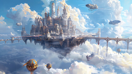 Majestic castle floating in the sky, fantastical atmosphere, digital illustration, dreamy sky and landscape. Generative AI illustration 