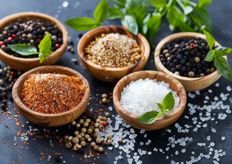 Assorted Organic Spices and Herbs in Wooden Bowls on Dark Background