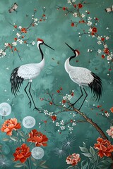 Classic emerald blue Chinoiseries background with cranes and flower