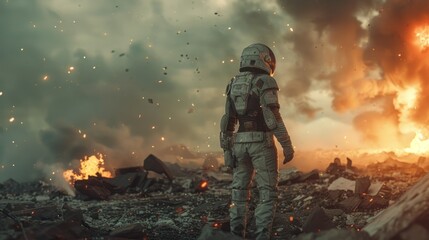 Naklejka premium Women in sci-fi amour standing in an apocalyptic scene with debris, smoke, and fire in the aftermath of war.