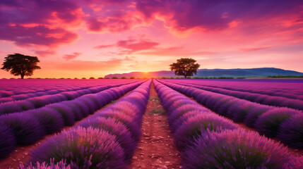 Amazing summer landscape of blooming lavender flowers, peaceful sunset view