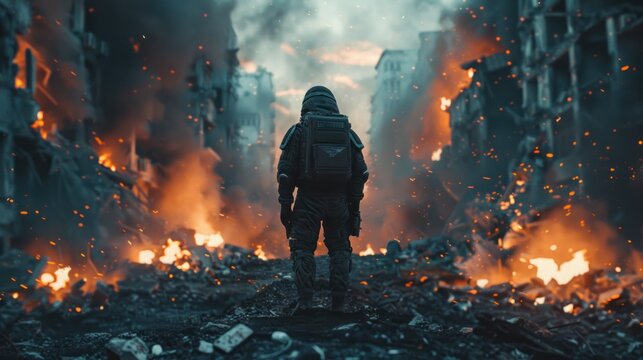 Women in sci-fi amour standing in an apocalyptic scene with debris, smoke, and fire in the aftermath of war.