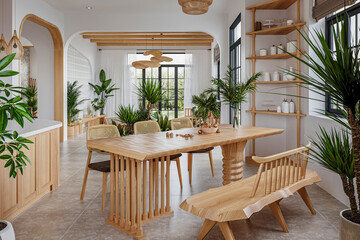 Urban jungle interior design, wooden dining in white tones with many houseplants. including kitchen
