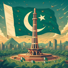 Free vector Pakistan day illustration with flag and minaret Pakistan building Generative Ai - obrazy, fototapety, plakaty