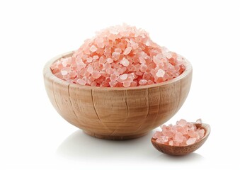 Fototapeta na wymiar Himalayan Pink Salt in Wooden Bowls on White Background, Healthy Cooking Ingredients
