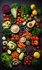 fresh fruits and vegetables for background, Different fruits and vegetables for eating healthy, Colorful fruits and vegetables on dark background. Overhead view of Healthy eating ingredients.