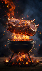 Advertisement picture of Grilled And Smoked BBQ Pork Ribs On Hot Flaming Grid. Pork Ribs On The Hot Charcoal Grill With Bright Flames On Black Background.
