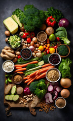 fresh fruits and vegetables for background, Different fruits and vegetables for eating healthy, Colorful fruits and vegetables on dark background. Overhead view of Healthy eating ingredients.