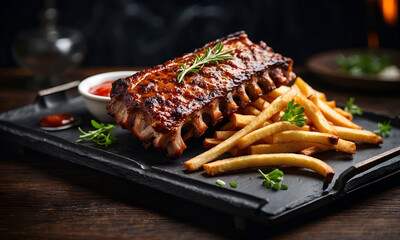 Advertisement picture of grilled and barbecue ribs pork steak On small black slate tray background. Roasted grill ribs with bbq sauce and ketchup with crispy fries.
