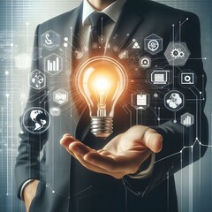 Businessman holding creative light bulb with growth graph and e-commerce icons. Advancing innovation technology to develop new strategies and solutions that enhance successful and profit in e-commerce