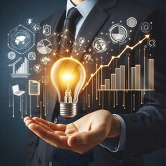 Businessman holding creative light bulb with growth graph and e-commerce icons. Advancing innovation technology to develop new strategies and solutions that enhance successful and profit in e-commerce