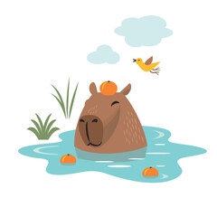 Cute capybara  chilling  in the water - 750379653