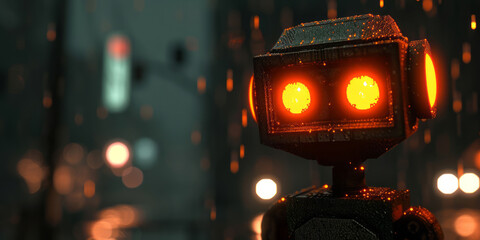 Against a dark backdrop, a robot is illuminated by an orange light, showcasing a sleek metallic finish.