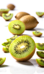 Ripe whole kiwi fruit and half kiwi fruit isolated on white background.